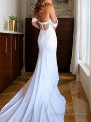 Trumpet/Mermaid Off-the-Shoulder Chapel Train Charmeuse Wedding Dresses