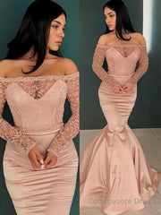 Trumpet/Mermaid Off-the-Shoulder Sweep Train Satin Evening Dresses