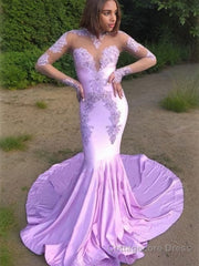 Trumpet/Mermaid Scoop Sweep Train Jersey Prom Dresses With Appliques Lace