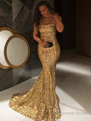 Trumpet/Mermaid Strapless Sweep Train Sequins Prom Dresses