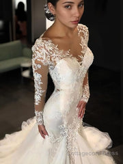 Trumpet/Mermaid V-neck Court Train Tulle Wedding Dresses With Appliques Lace