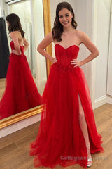 Tulle A Line Strapless Red Corest Long Prom Dress