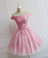 Tulle Of Shoulder Lace Short Pink Prom Dress Lace Homecoming Dress