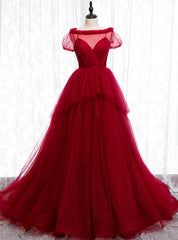 Tulle Short Sleeve Pleats Backless Burgundy Prom Dress