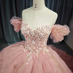 Tulle Tufted Pink Floral Quinceaera Ball Gown Dress