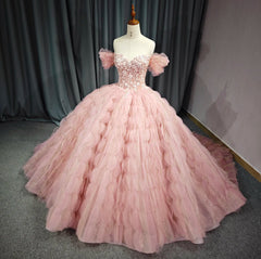 Tulle Tufted Pink Floral Quinceaera Ball Gown Dress