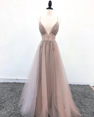 Tulle V-neckline Straps Beaded Low Back Long Formal Dress Tulle Prom Dress prom dresses shops