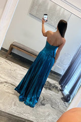 Turquoise Sweetheart Metallic Pleated Long Formal Dress With Slit