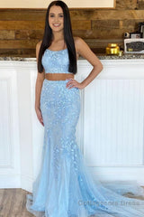 Two Piece Mermaid Blue Prom Dress