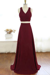 Two Piece V Neck Long Burgundy Prom Dress Evening Dresses