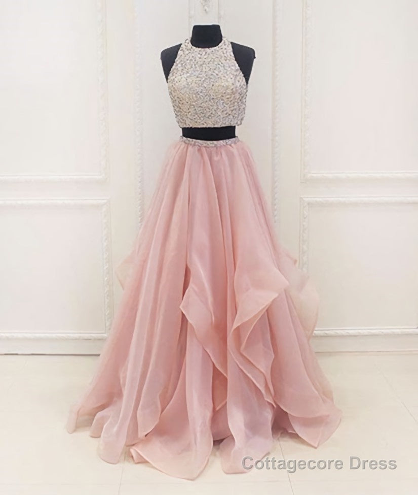 Two Pieces Round Neck Sequins Long Pink Prom Dresses, Pink Evening Dresses