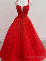 Red Tulle Lace A Line Formal Evening Dresses Appliques Long Prom Dresses