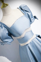 Unique Blue Satin Long Prom Dress, A-Line Short Sleeve Blue Evening Dress