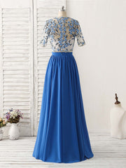 Unique Blue Two Pieces Long Prom Dress Applique Formal Dress