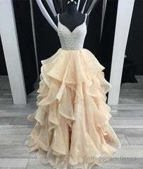 Unique champagne tulle sequin long prom dress, champagne evening dress