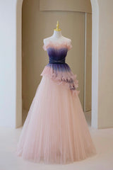 Unique Pink Gradient Long Prom Dress, A-Line Strapless Evening Party Dress