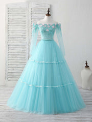 Unique Tulle Lace Applique Long Prom Dress, Green Evening Dress