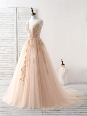 Unique V Neck Tulle Lace Applique Long Prom Dress, Evening Dress