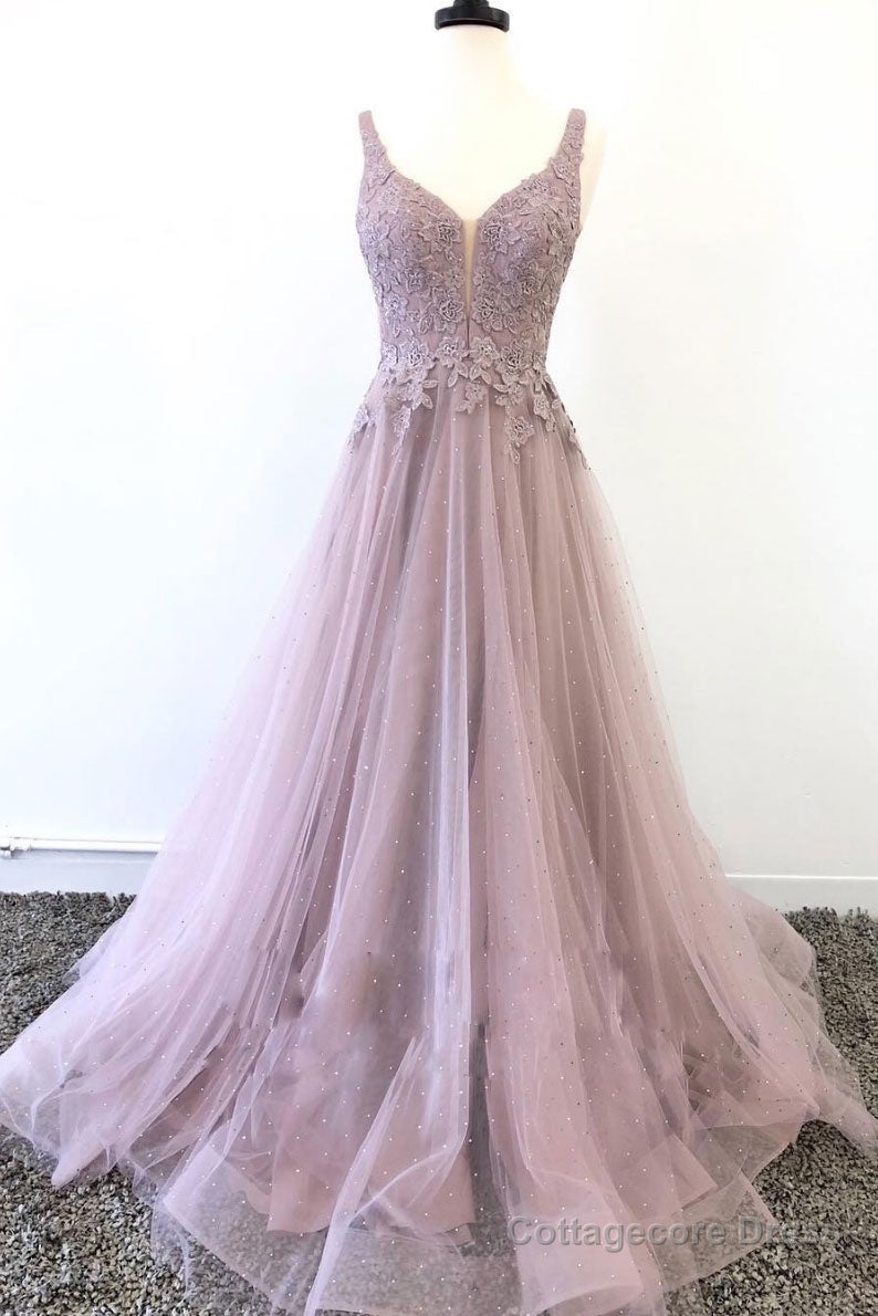 Unique v neck tulle lace long prom dress, tulle evening dress