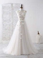 Unique White Round Neck Tulle 3D Lace Applique Long Prom Dresses