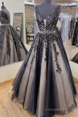 V Neck Backless Black Lace Long Prom Dress, Black Lace Formal Dress, Black Evening Dress