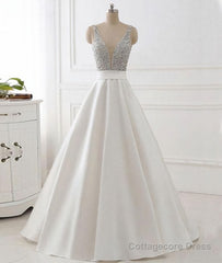 V Neck Backless White Prom Dress With Beads, V Neck Formal Dress, White Evening Dress