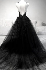 V Neck Black Lace Prom Dresses, Black V Neck Lace Formal Graduation Dresses