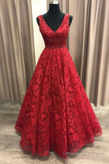 V Neck Burgundy Lace Long Prom Dresses, Burgundy Lace Formal Dresses, Burgundy Evening Dresses