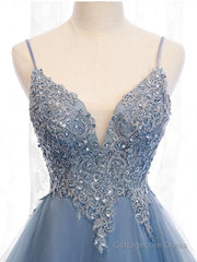 V Neck High Low Blue Lace Prom Dresses, Blue Lace High Low Formal Evening Graduation Dresses