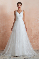 V-Neck Lace Pleated White A-Line Wedding Dresses