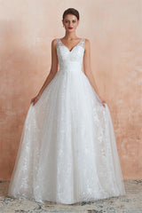 V-Neck Lace Pleated White A-Line Wedding Dresses