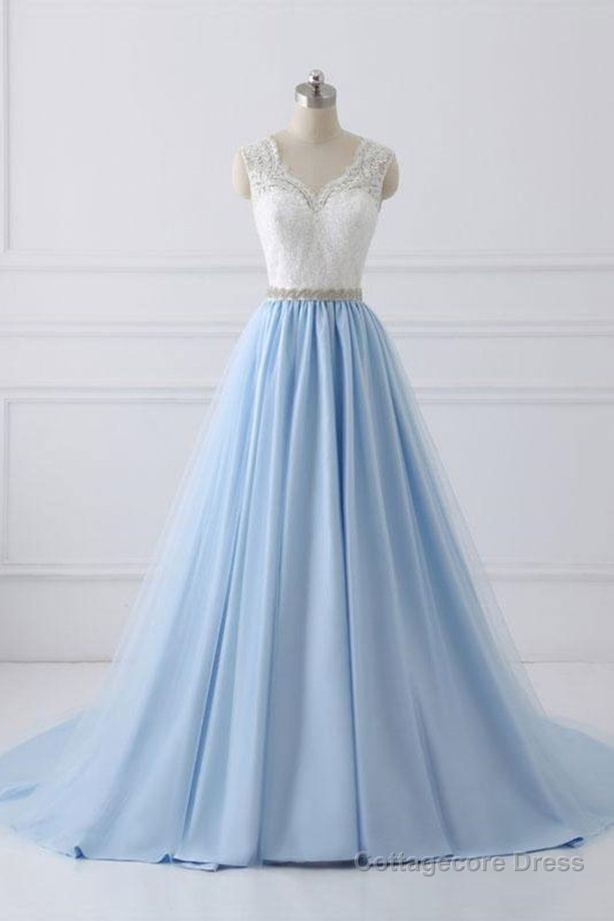 V Neck Light Blue Lace Prom Dresses, Light Blue Lace Formal Evening Dresses