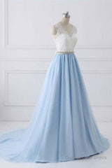 V Neck Light Blue Lace Prom Dresses, Light Blue Lace Formal Evening Dresses