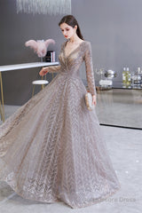 V-neck Long Sleeves Floor Length Lace A-line Prom Dresses