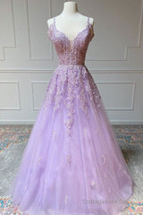 V Neck Off Shoulder Long Lilac Lace Prom Dress, Off Shoulder Purple Lace Formal Graduation Evening Dress