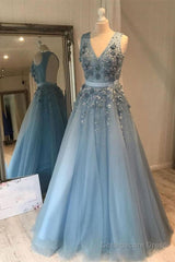 V Neck Open Back Beaded Blue Long Prom Dress with 3D Flowers, Open Back Blue Formal Graduation Evening Dress