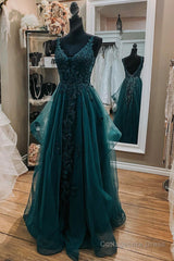 V Neck Open Back Dark Green Lace Beaded Long Prom Dresses, Dark Green Lace Formal Dresses, Dark Green Evening Dresses