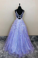 V Neck Open Back Purple Lace Floral Long Prom Dress, Purple Lace Floral Formal Evening Dress