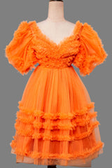 V-Neck Orange Ruffled Short Homecoming Dress with Puff Sleeves