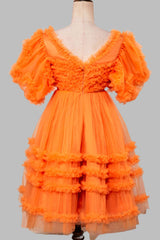 V-Neck Orange Ruffled Short Homecoming Dress with Puff Sleeves