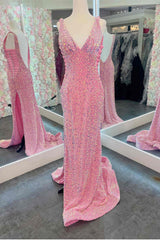 V-Neck Pink Sequin Long Prom Dress with Slit