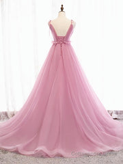 V Neck Pink Tulle Prom Dresses with Train, Pink Long Formal Evening Graduation Dresses