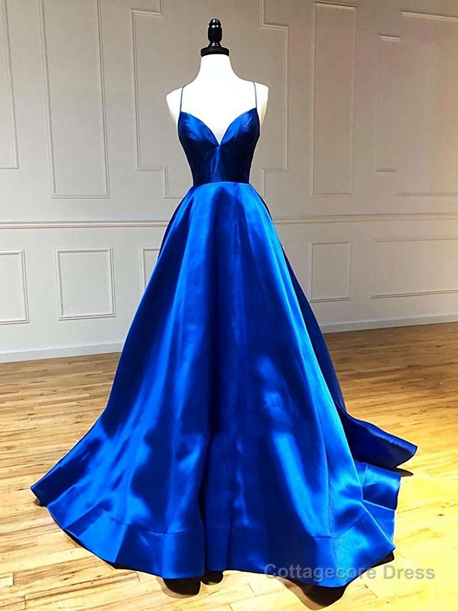 V Neck Royal Blue Backless Prom Dresses, Royal Blue Backless Formal Graduation Evening Dresses