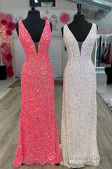 V neck Sequin Mermaid Long Prom Dress,Formal Dresses