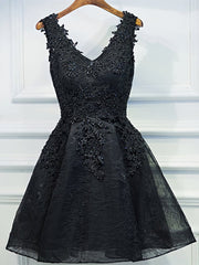 V Neck Short Black Lace Prom Dresses, Short Black Lace Graduation Homecoming Dresses