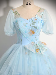 V Neck Tulle Lace Blue Long Prom Dress, A-Line Blue Lace Long Sweet 16 Dress