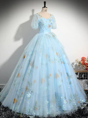 V Neck Tulle Lace Blue Long Prom Dress, A-Line Blue Lace Long Sweet 16 Dress