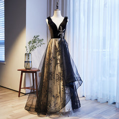 V-neckline Black Tulle with Velvet Top Long Evening Dress Party Dress, A-line Wedding Party Dress