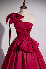 Burgundy Satin Long Prom Dress, One Shoulder Evening Dress with Bow