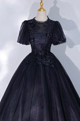 Black Tulle Lace Long A-Line Prom Dress, A-Line Short Sleeve Evening Gown